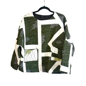 KOZAN Lagenlook Artsy Cactus Green Cream Top Patch Pockets Asymmetric - Sz Small